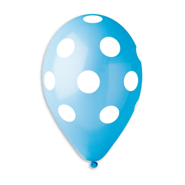 Gemar Latex Balloon #009 Light Blue Polka Dots White Printed 12inch 50 Count Solid Color - balloonsplaceusa