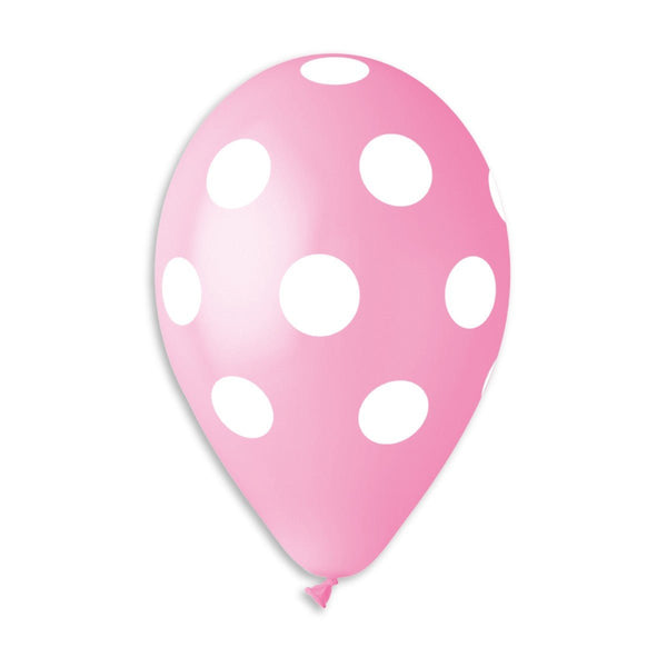 Gemar Latex Balloon #057 Pink Polka Dots White Printed 12inch 50 Count Solid Color - balloonsplaceusa
