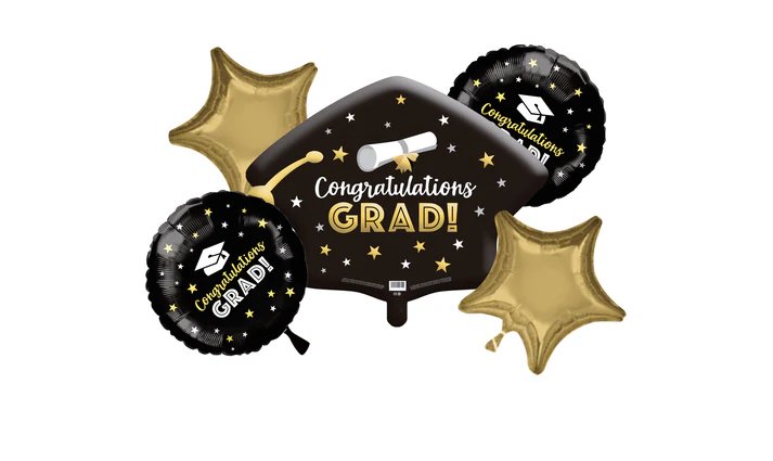 Black & Gold Graduation Balloon Bouquet 5pc - Pk - balloonsplaceusa