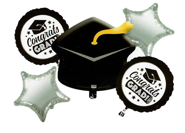 Black & Silver Graduation Balloon Bouquet 5pc - Pk - balloonsplaceusa