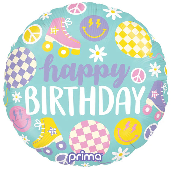 Foil Balloon Happy Birthday Retro Skates Prima Balloon 1ct 18inch