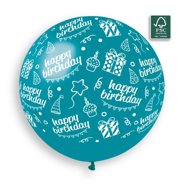 068 Turquoise Happy Birthday Print 31in 1 Solid Color - balloonsplaceusa
