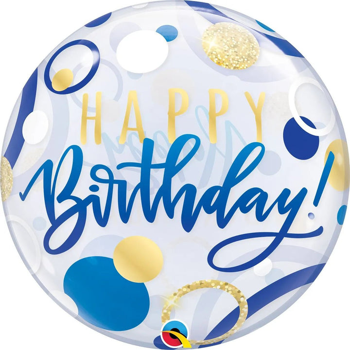 22inc Happy Birthday Blue & Gold Dots Bubble - balloonsplaceusa