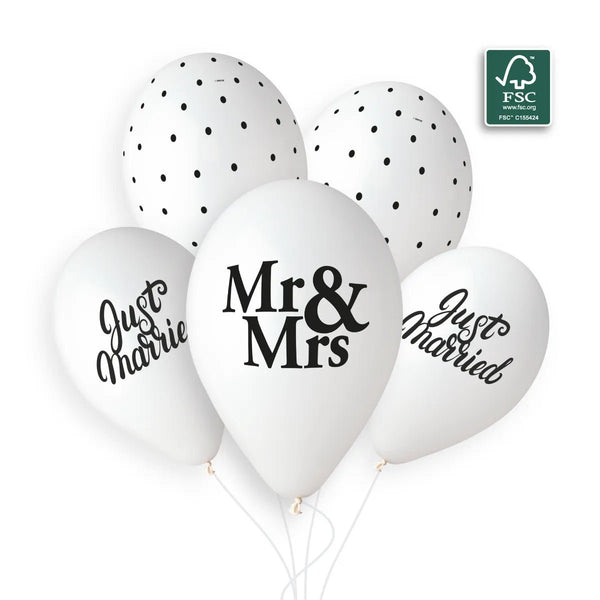 758+759+1051 White Just Married + Mr&Mrs + Chic dots 13In 5pcs SolidColors - balloonsplaceusa