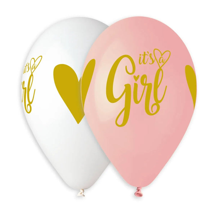 923 073 Baby Pink 001 White It's a girl gold 13In 5pcs SolidColors - balloonsplaceusa