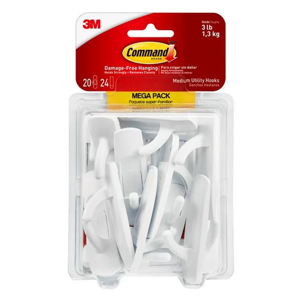 Command Utility Hooks , White, 20-Hooks, 24-Strips, Damage-Free - balloonsplaceusa