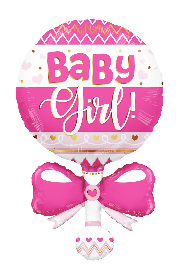 Foil Balloon Baby Girl Pink Rattle 36inch - balloonsplaceusa