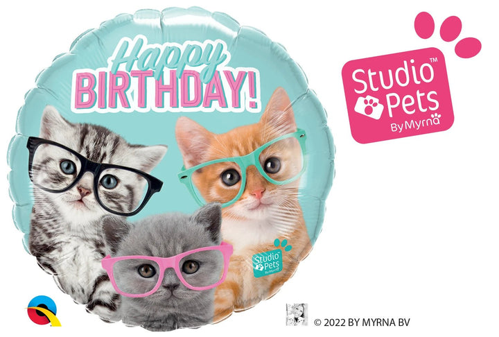 Foil Balloon Birthday Kittens In Glasses 18inch - balloonsplaceusa