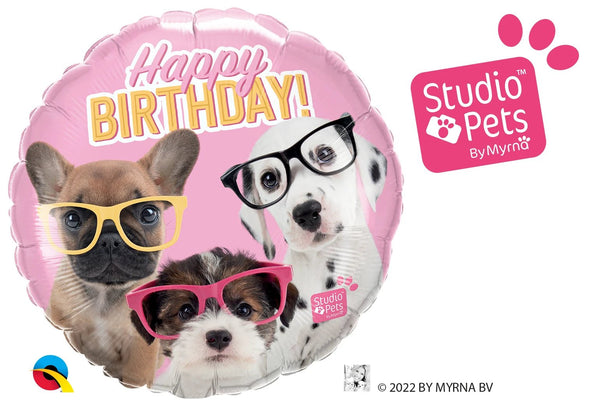 Foil Balloon Birthday Puppies In Glasses 18inch - balloonsplaceusa