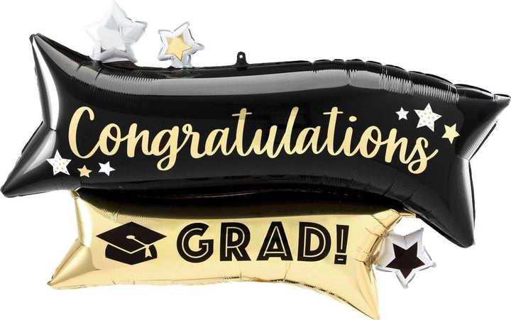 Foil Balloon Congrats Grad Black & Gold Banner Graduation 38inch - balloonsplaceusa