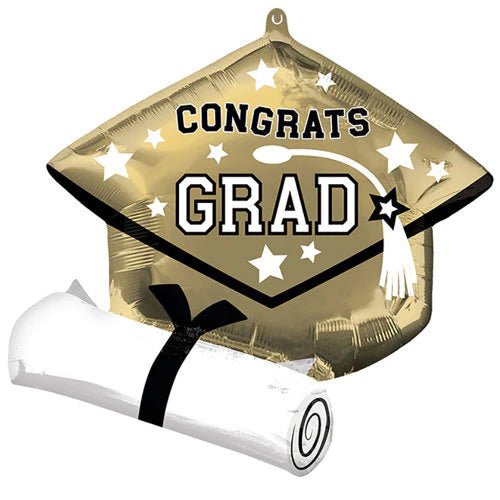 Foil Balloon Grad Cap & Diploma White Gold 25inch - balloonsplaceusa