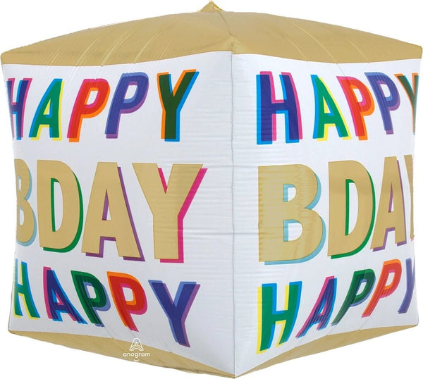 Foil Balloon Happy Birthday Colors Cubez Orbz 16inch - balloonsplaceusa