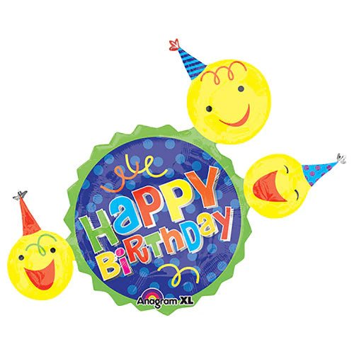 Foil Balloon Hbd Smiley Faces In Party Hats 36inch - balloonsplaceusa