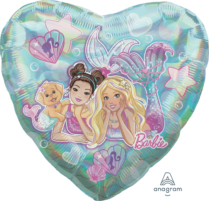 Foil Balloon Mermaid Barbie Holographic Heart 28inch - balloonsplaceusa