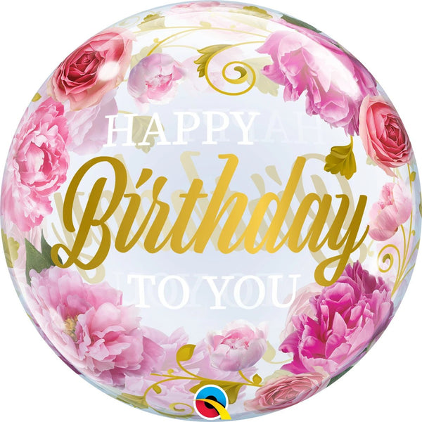 Foil Balloon Peonies Happy Birthday Bubble 22inch - balloonsplaceusa