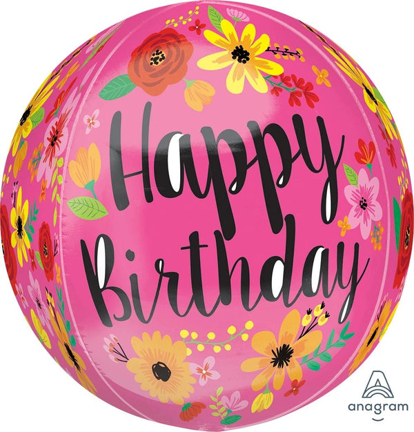 Foil Balloon Pink Floral B'day Orbz 16inch - balloonsplaceusa
