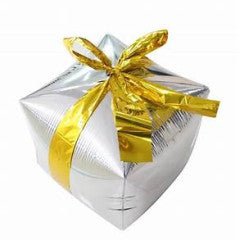 Foil Balloon Silver Cubez Christmas Gift Box W Gold Ribbon 24inch - balloonsplaceusa