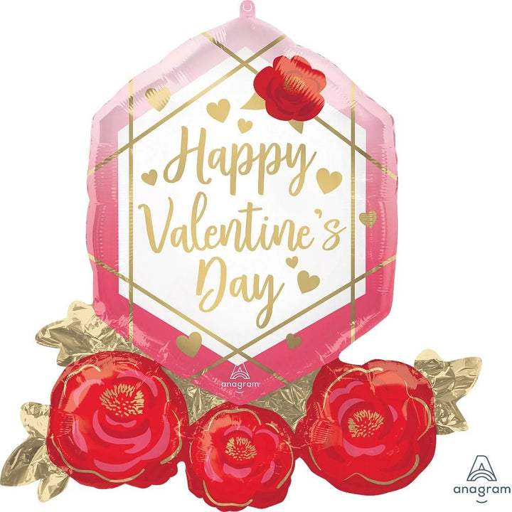 Foil Balloon Valentine Diamond &Amp; Roses 30inch - balloonsplaceusa