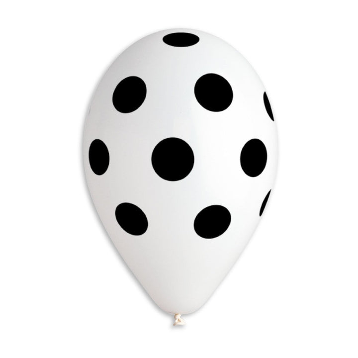 Gemar Latex Balloon #001 White Polka Dots Black Printed 12inch 50 Count Solid Color - balloonsplaceusa