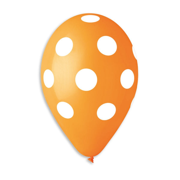Gemar Latex Balloon #004 Orange Polka Dots White Printed 12inch 50 Count Solid Color - balloonsplaceusa