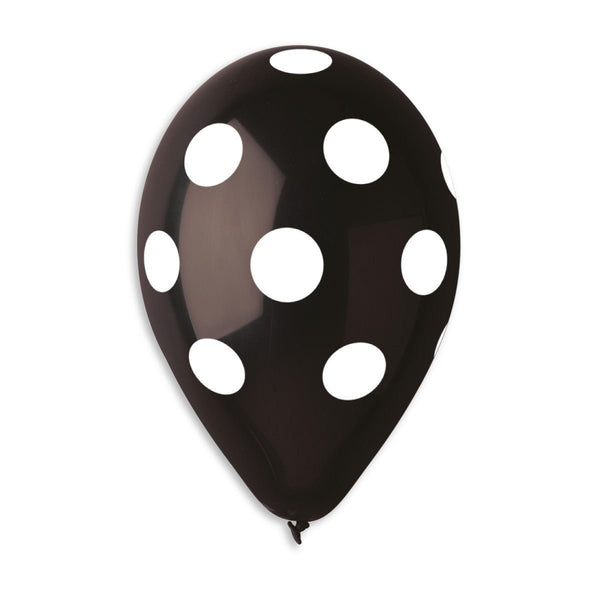 Gemar Latex Balloon #014 Black Polka Dots White Printed 12inch 50 Count Solid Color - balloonsplaceusa