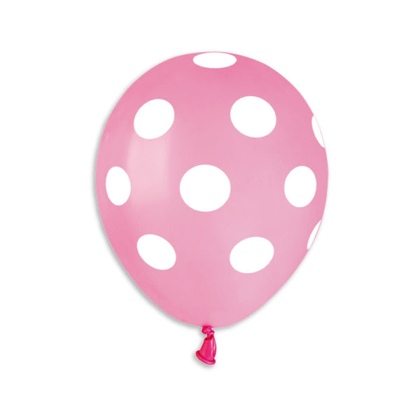 Gemar Latex Balloon #057 Pink Polka Dots White Printed 5inch 100 Count Solid Color - balloonsplaceusa
