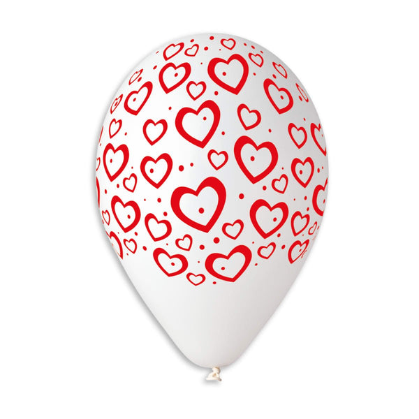 Gemar Latex Balloon #600 White Heart Dots Red Printed 12inch 50 Count Solid Color - balloonsplaceusa