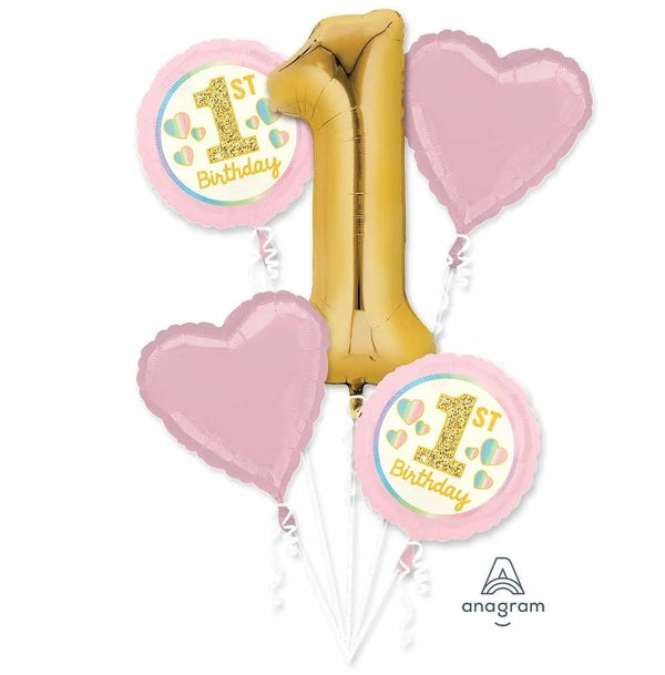 Girl 1st Birthday Pink & Gold Bouquet 1-34inc & 4-18Inc Balloons - balloonsplaceusa